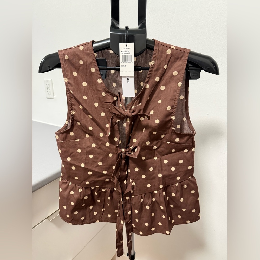 Vigoss Brown Polka Dot Tie-Front Peplum Tank